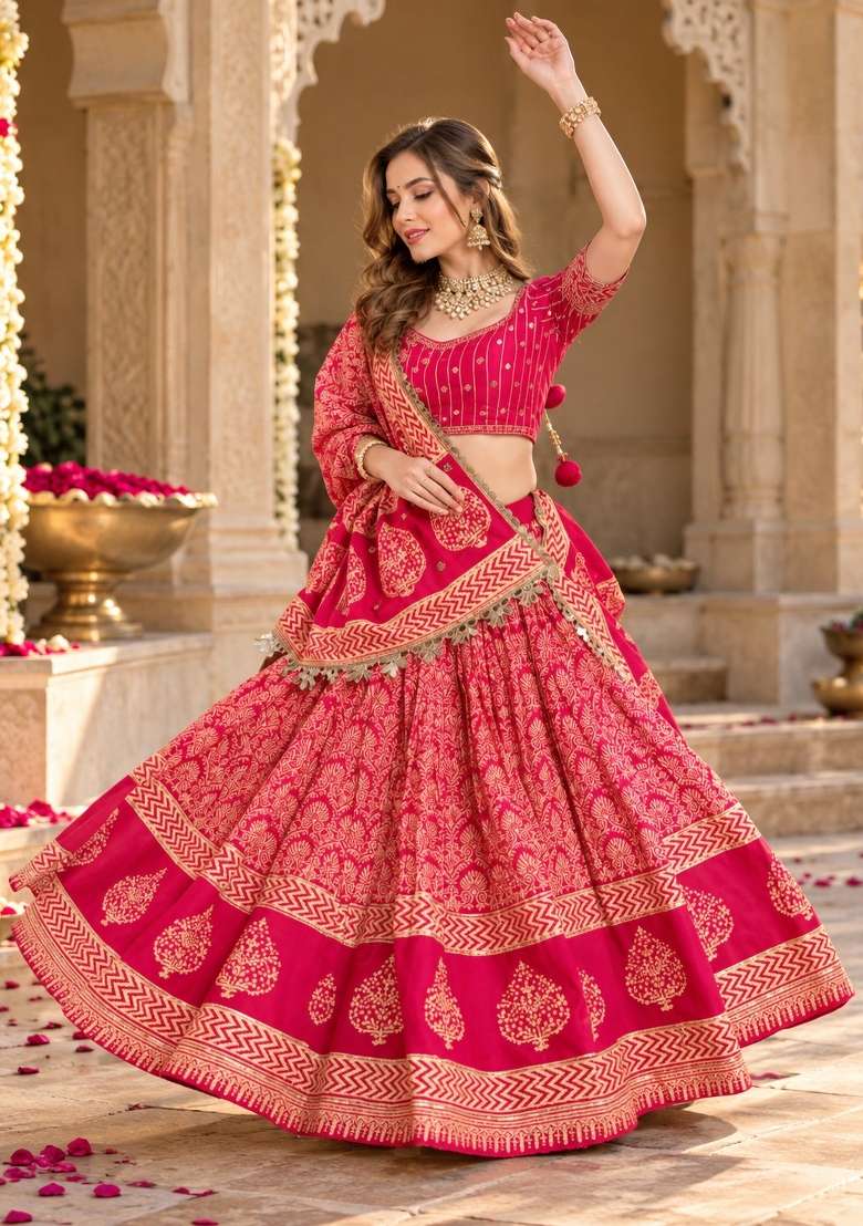 Rani Pink Embroidery Silk Lehenga Set - Indya