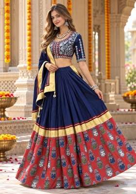 Navy Blue Embroidery Silk Lehenga Set