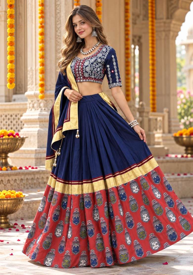 Navy Blue Embroidery Silk Lehenga Set - Indya