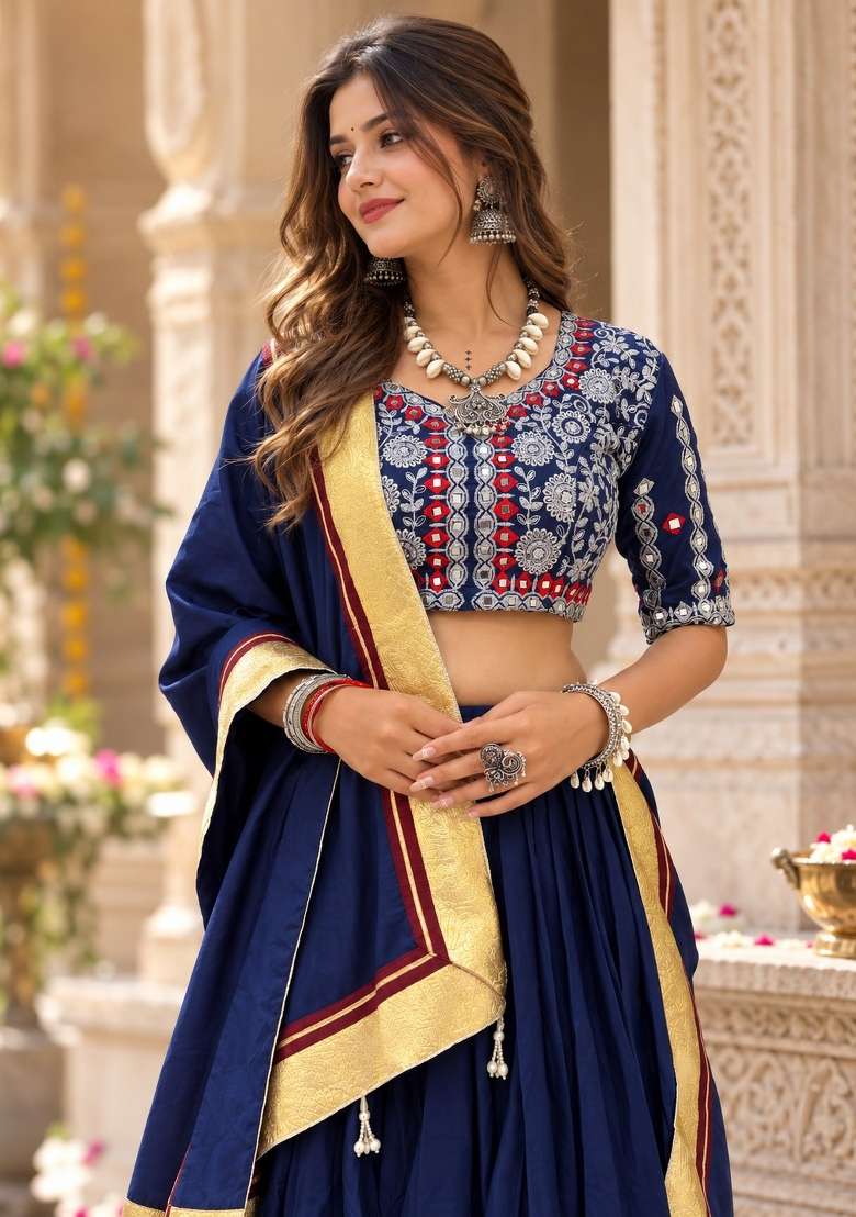 Navy Blue Embroidery Silk Lehenga Set - Indya