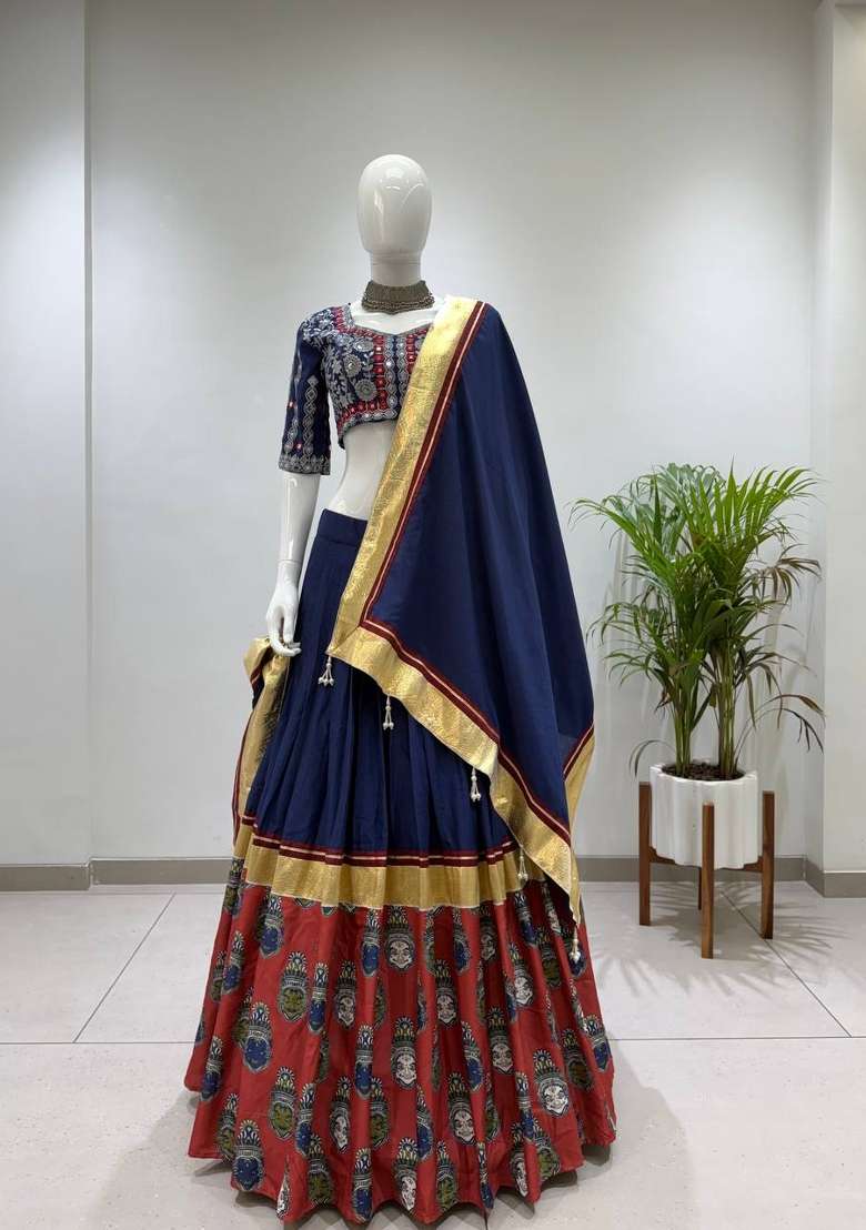 Navy Blue Embroidery Silk Lehenga Set - Indya
