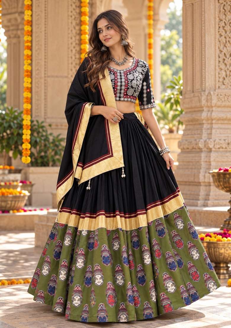 Black Embroidery Silk Lehenga Set - Indya