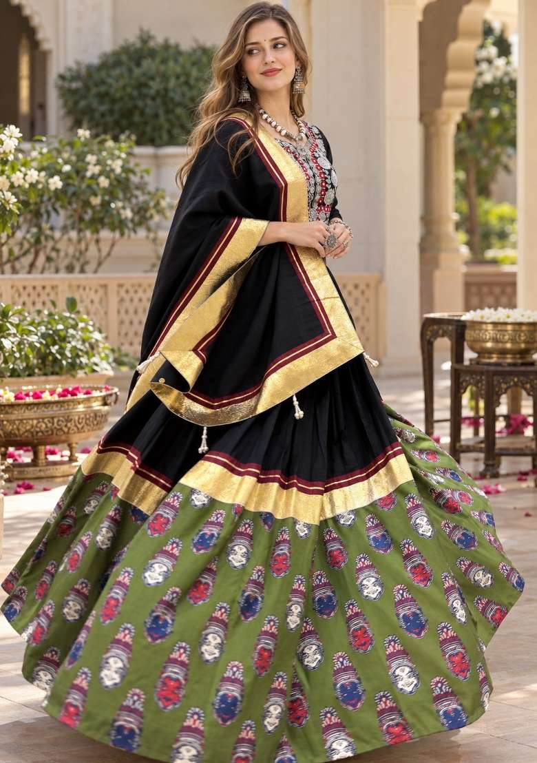 Black Embroidery Silk Lehenga Set - Indya