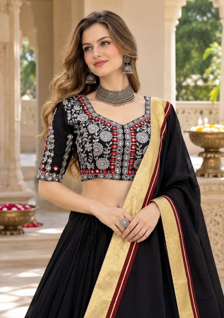 Black Embroidery Silk Lehenga Set - Indya