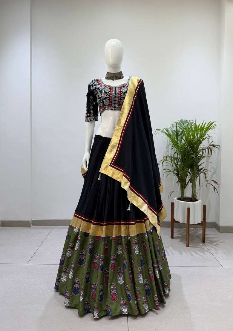 Black Embroidery Silk Lehenga Set - Indya