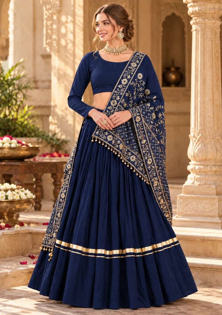 Navy Blue Embroidery Silk Lehenga Set - Indya