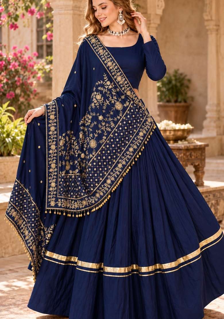 Navy Blue Embroidery Silk Lehenga Set - Indya