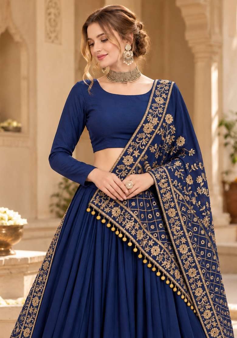 Navy Blue Embroidery Silk Lehenga Set - Indya