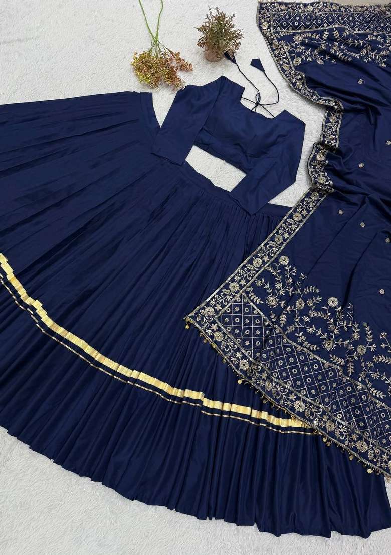 Navy Blue Embroidery Silk Lehenga Set - Indya