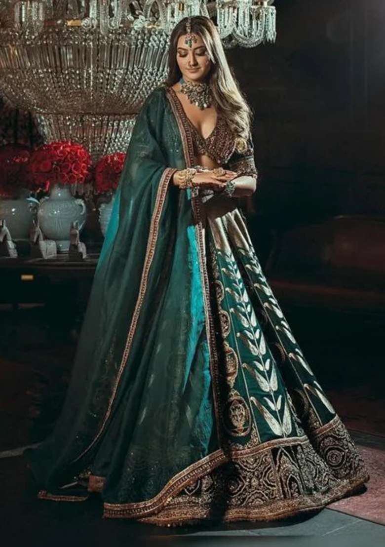 Green Thread Work Silk Lehenga Set - Indya