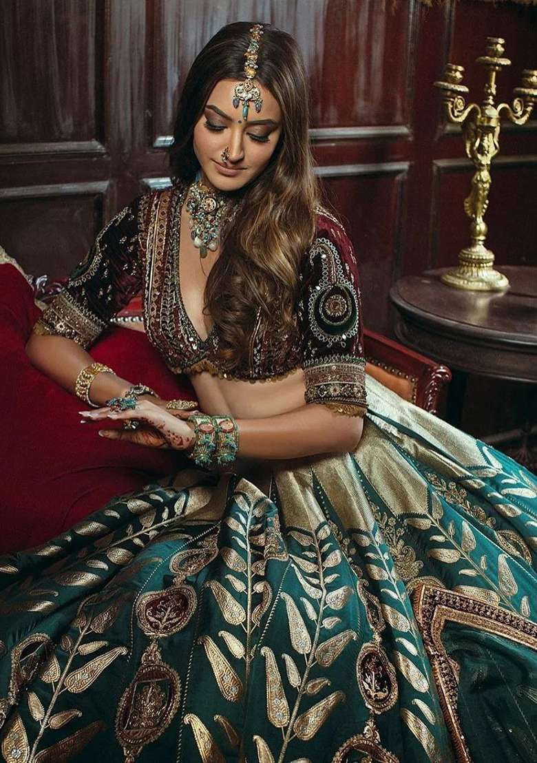 Green Thread Work Silk Lehenga Set - Indya