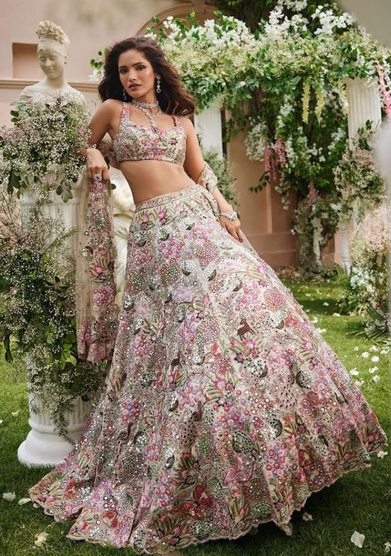Off White Embroidery Georgette Lehenga Set - Indya