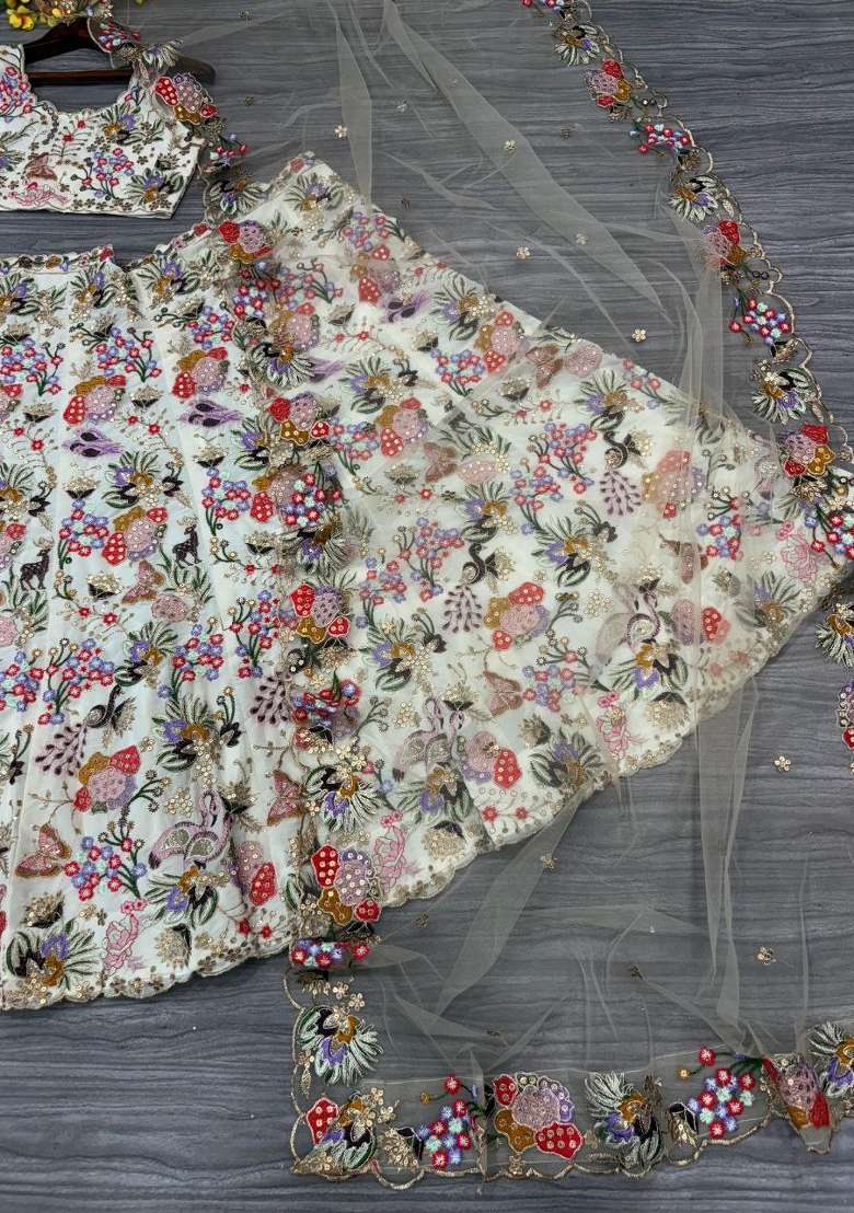 Off White Embroidery Georgette Lehenga Set - Indya