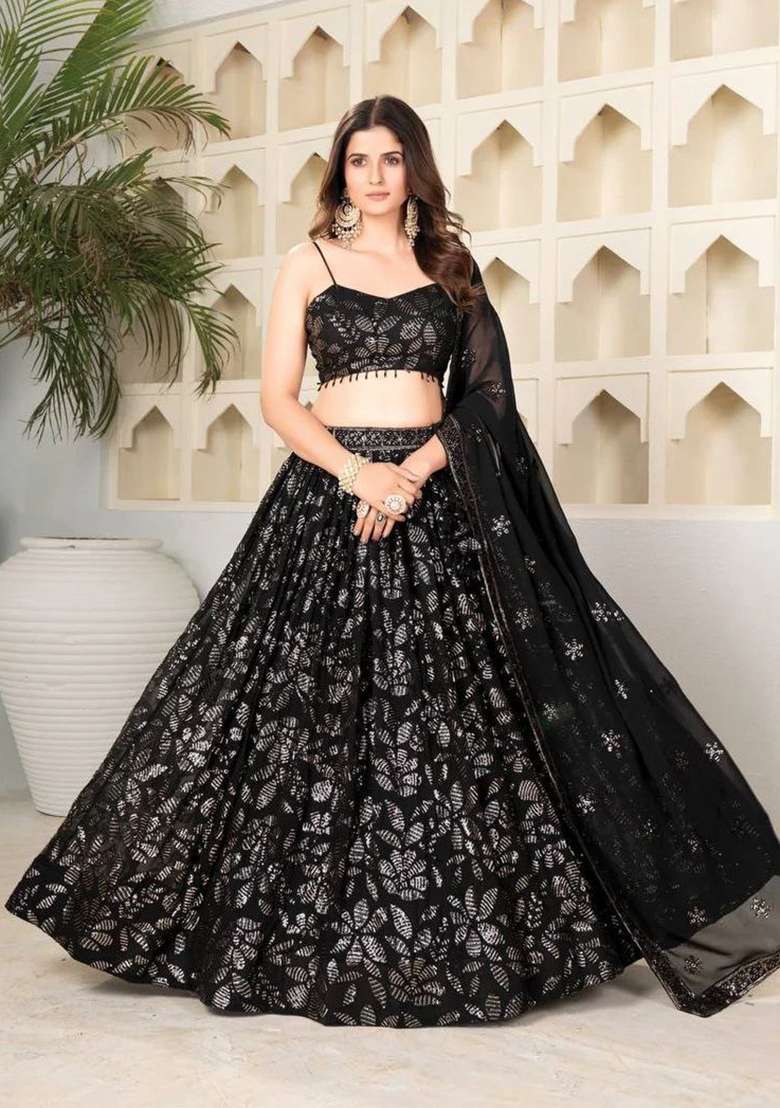 Black Embroidery Georgette Lehenga Set - Indya