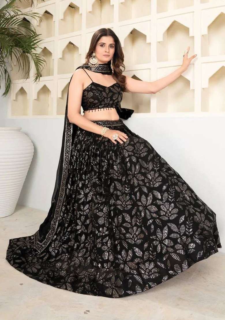 Black Embroidery Georgette Lehenga Set - Indya