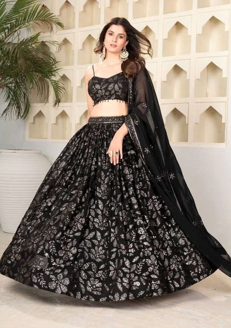 Black Embroidery Georgette Lehenga Set - Indya