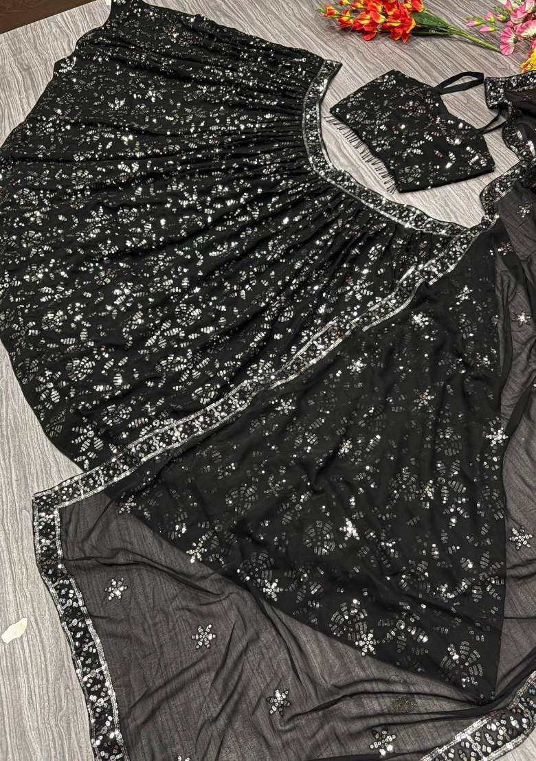 Black Embroidery Georgette Lehenga Set - Indya