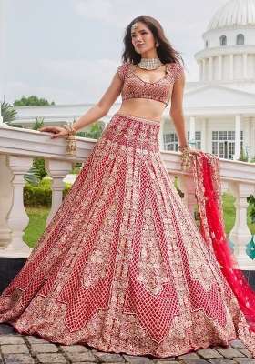 Red Embroidery Satin Lehenga Set