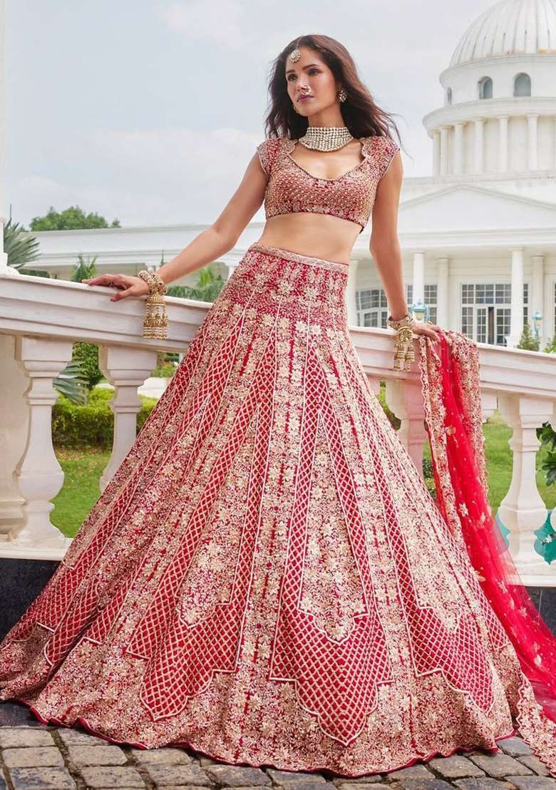 Red Embroidery Satin Lehenga Set - Indya