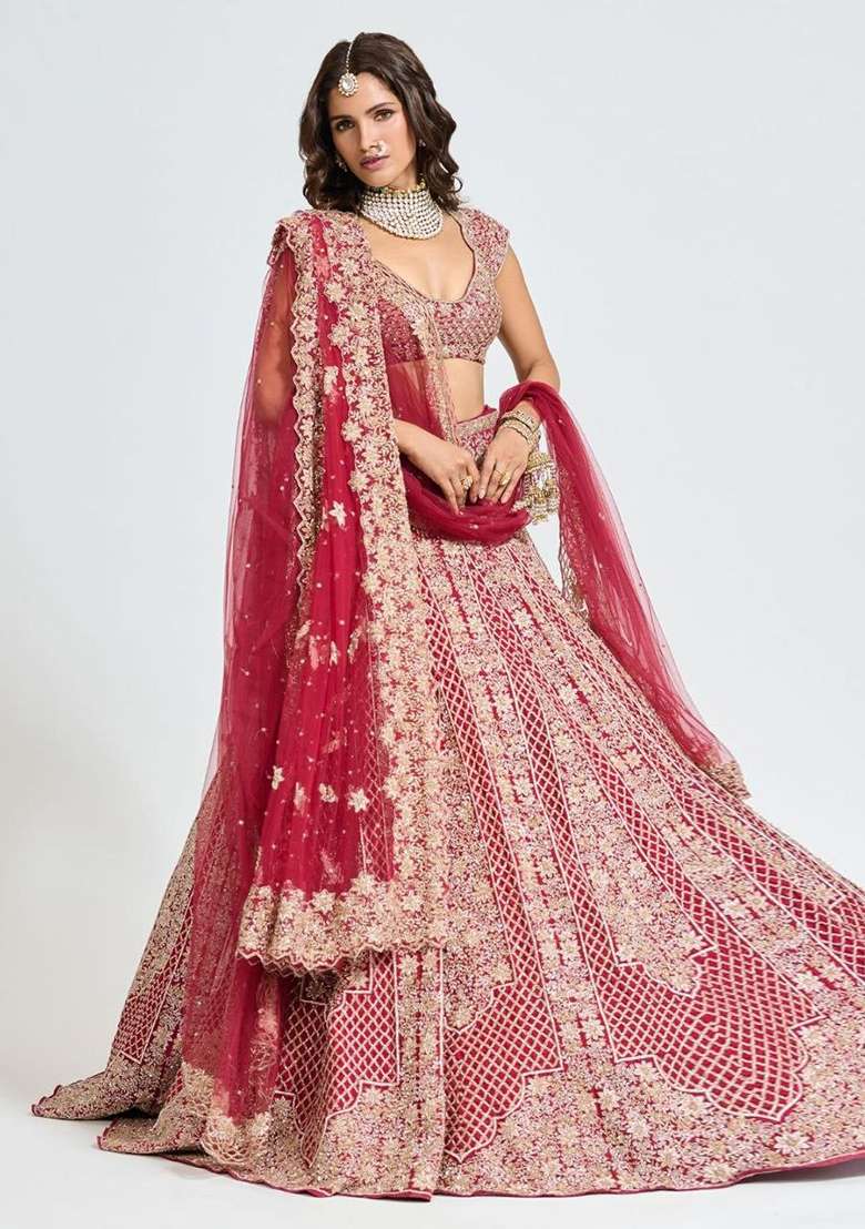 Red Embroidery Satin Lehenga Set - Indya