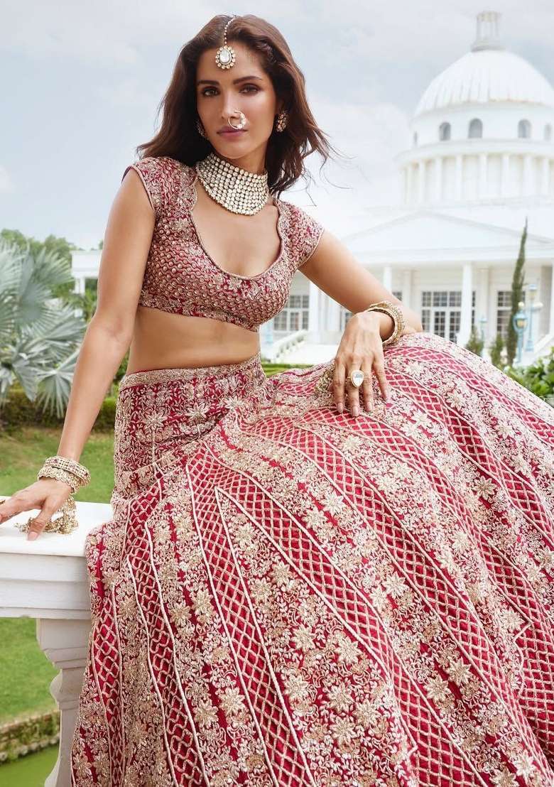 Red Embroidery Satin Lehenga Set - Indya