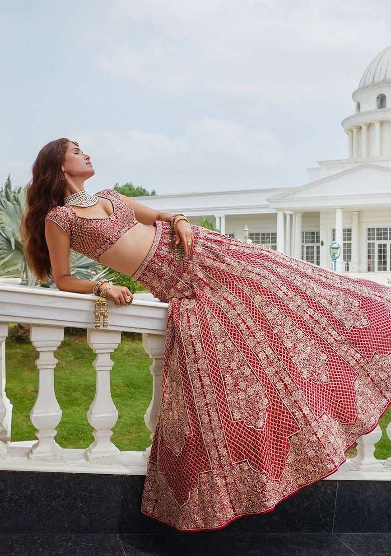 Red Embroidery Satin Lehenga Set - Indya