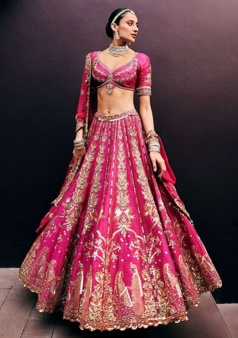 Pink Embroidery Silk Lehenga Set - Indya