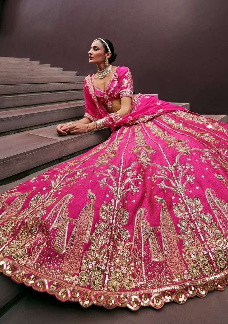 Pink Embroidery Silk Lehenga Set - Indya
