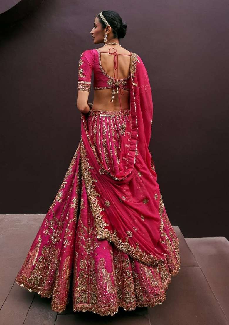 Pink Embroidery Silk Lehenga Set - Indya