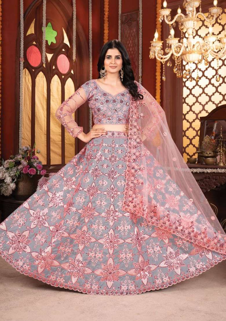 Grey Peach Embroidery Silk Lehenga Set - Indya