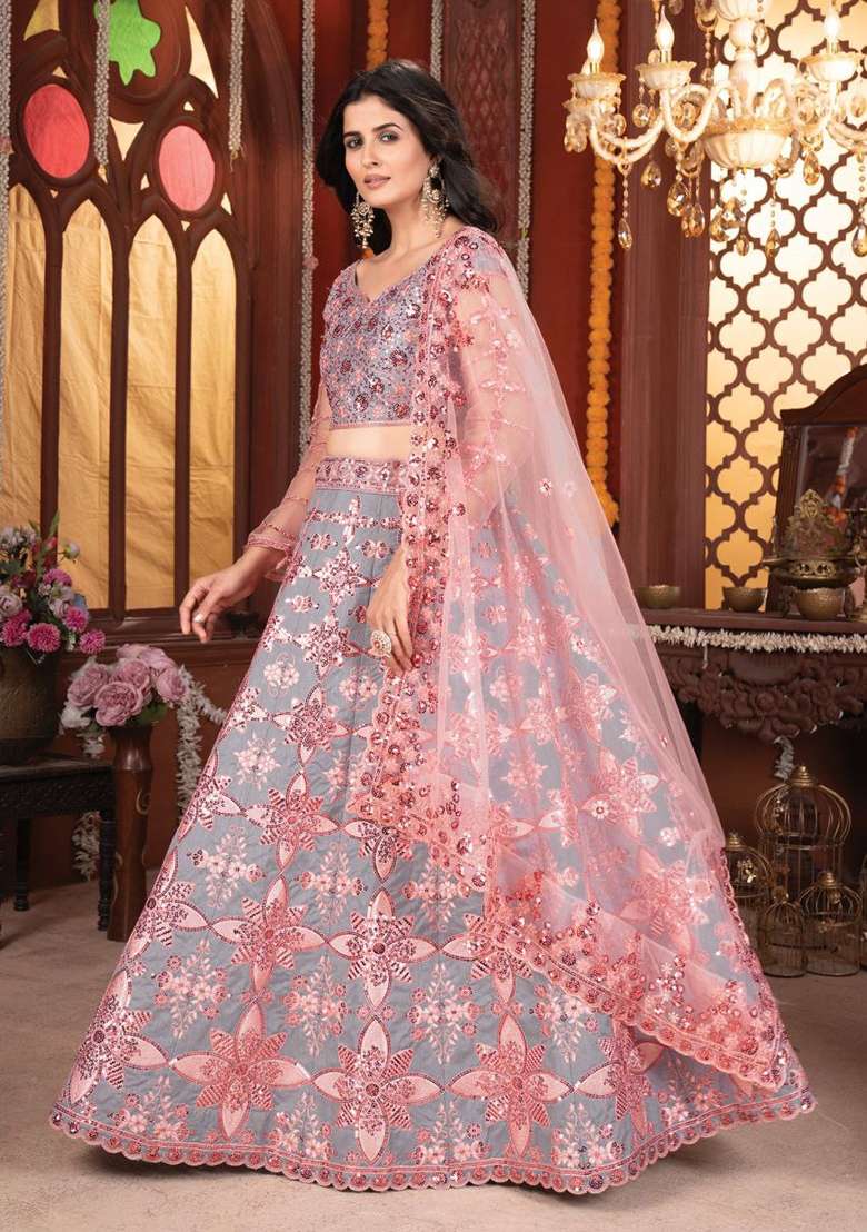 Grey Peach Embroidery Silk Lehenga Set - Indya