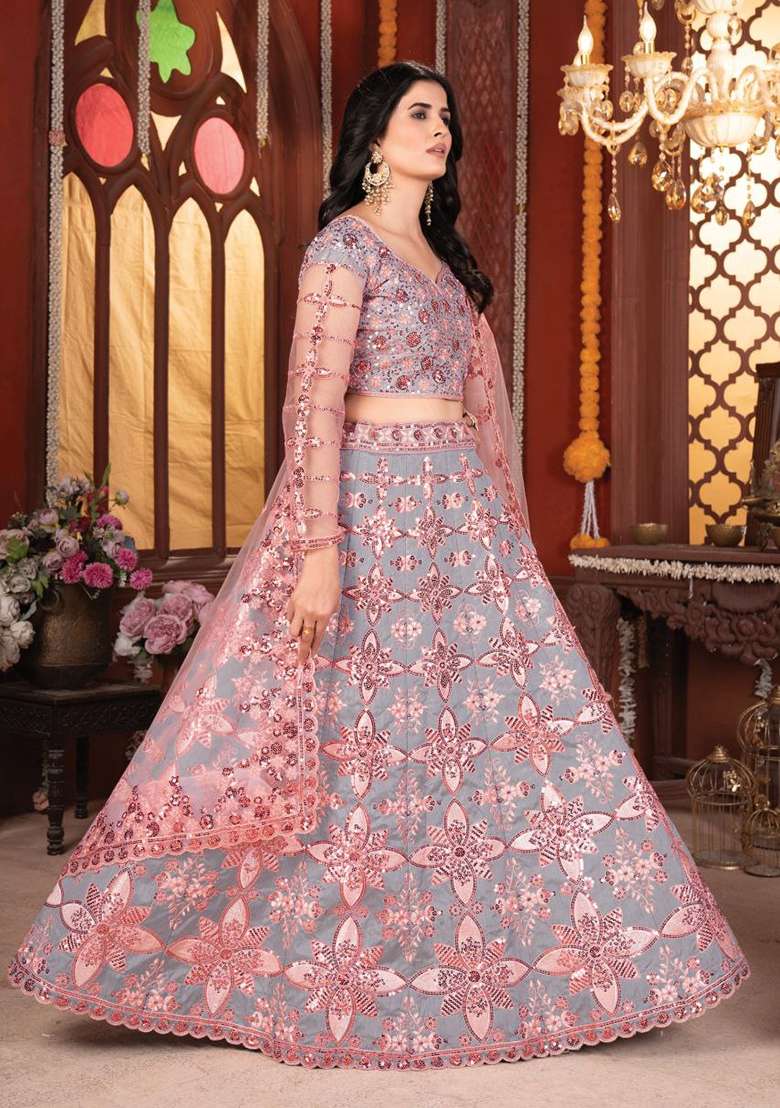 Grey Peach Embroidery Silk Lehenga Set - Indya