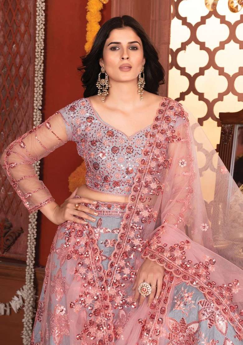 Grey Peach Embroidery Silk Lehenga Set - Indya