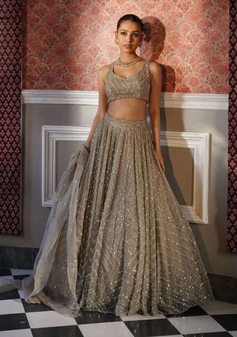 Grey Embroidery Silk Lehenga Set - Indya