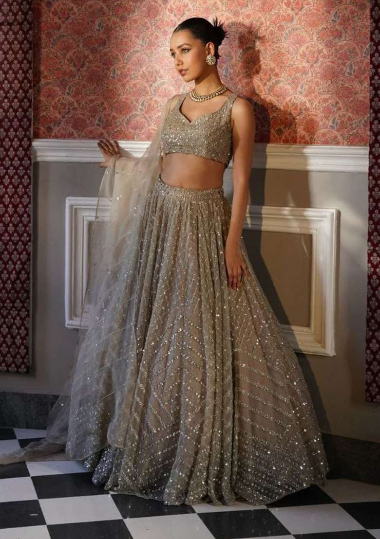 Grey Embroidery Silk Lehenga Set - Indya