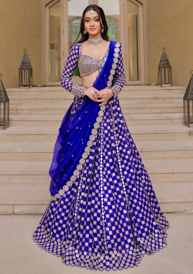 Royal Blue Embroidery Georgette Lehenga Set - Indya