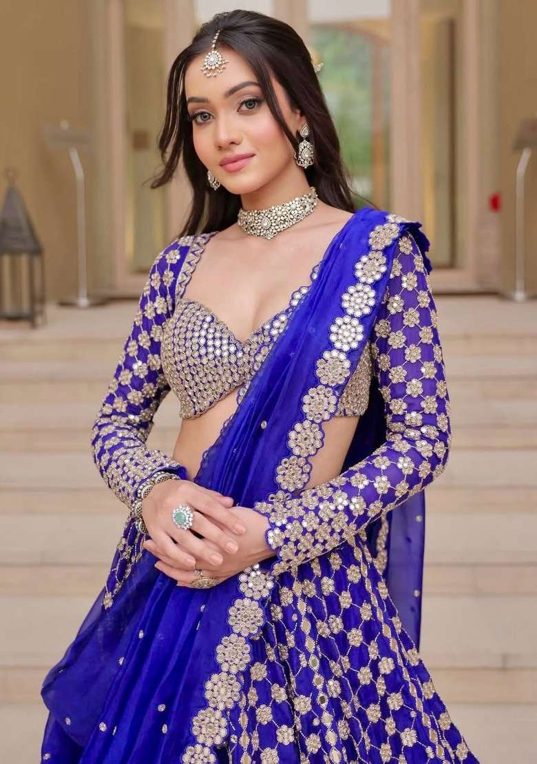 Royal Blue Embroidery Georgette Lehenga Set - Indya