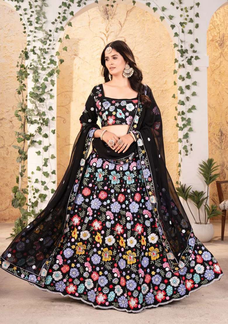 Black Embroidery Georgette Lehenga Set - Indya