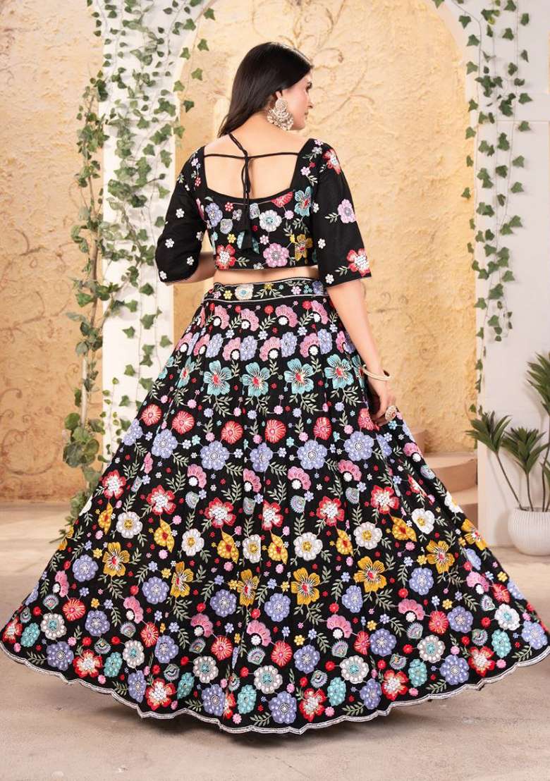 Black Embroidery Georgette Lehenga Set - Indya