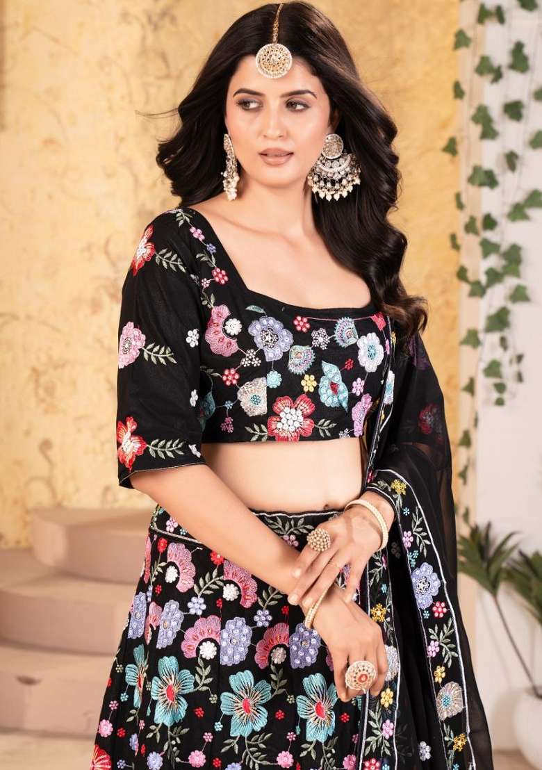 Black Embroidery Georgette Lehenga Set - Indya
