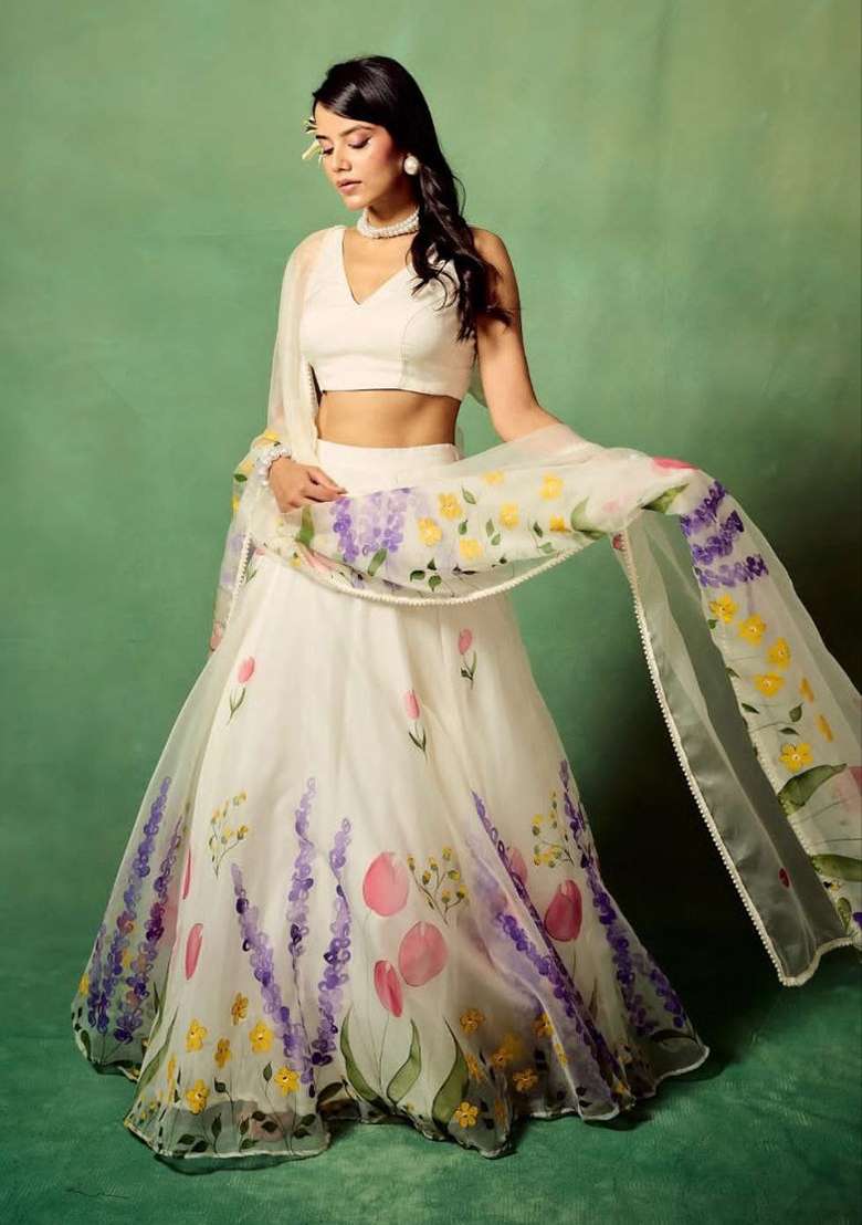 Off White Floral Print Silk Lehenga Set - Indya