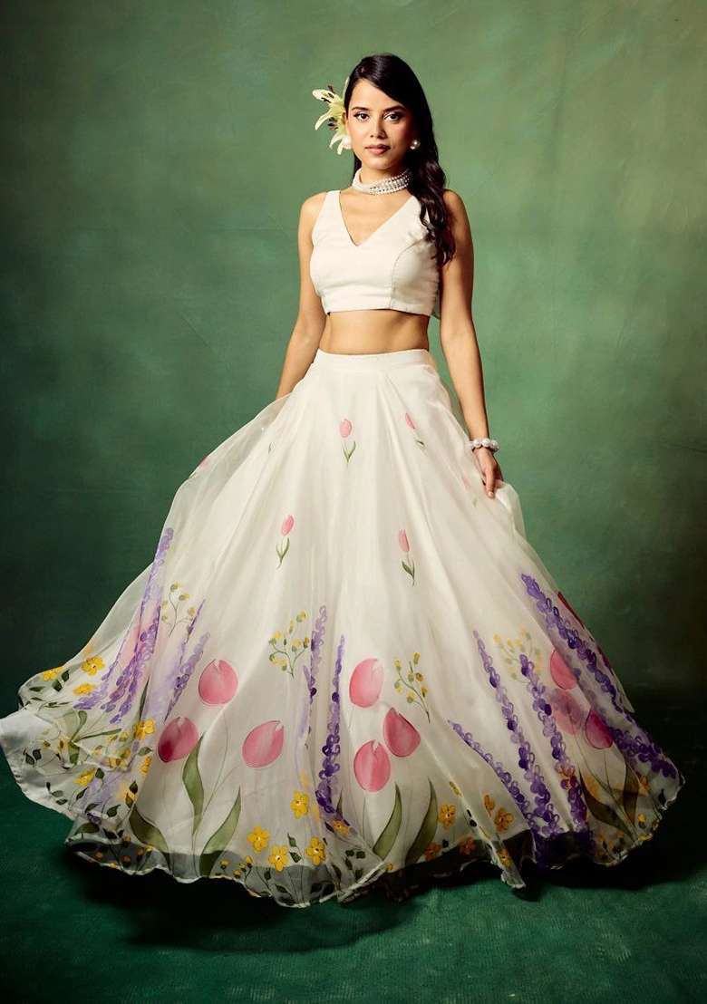 Off White Floral Print Silk Lehenga Set - Indya
