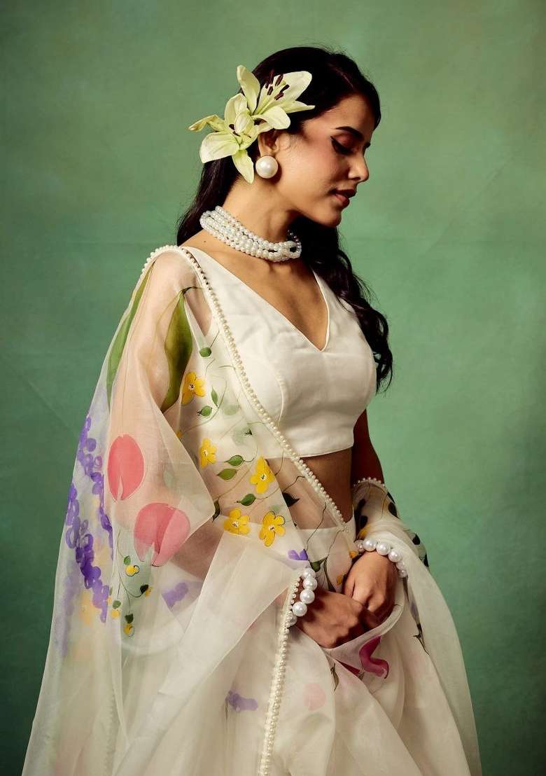 Off White Floral Print Silk Lehenga Set - Indya