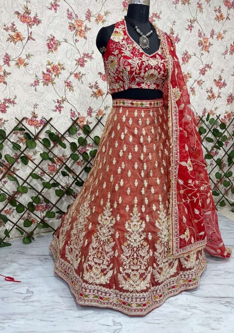 Red Embroidery Silk Lehenga Set - Indya