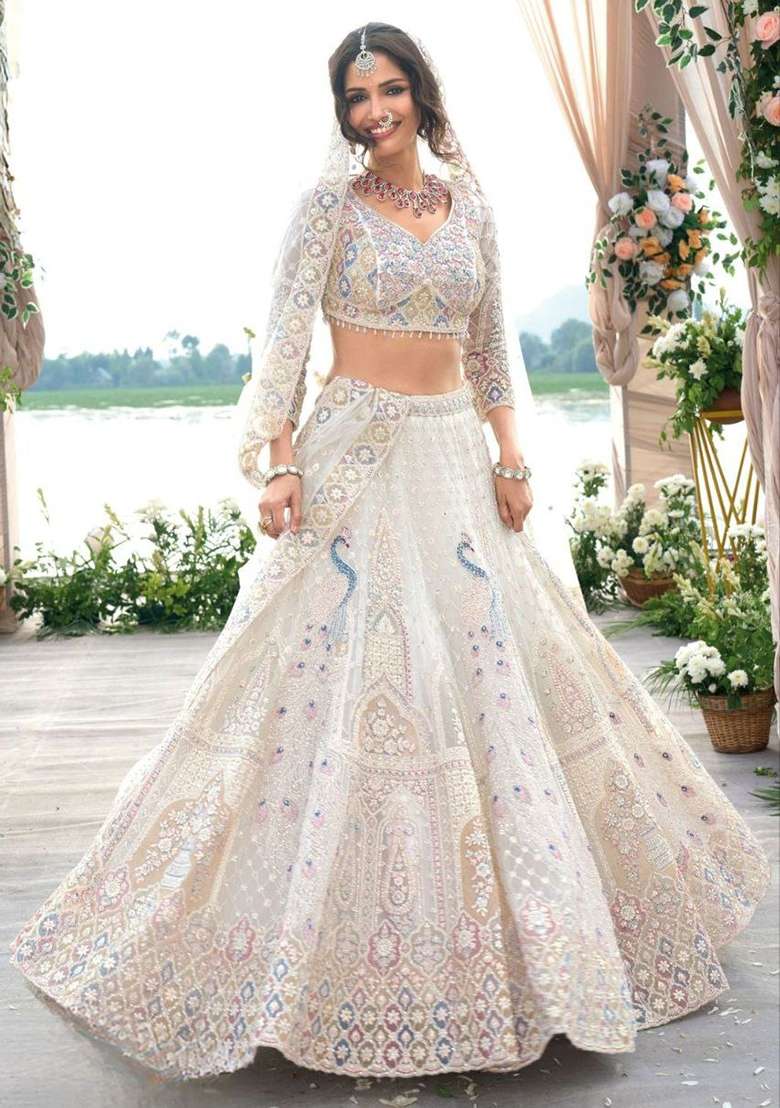 White Embroidery Net Lehenga Set - Indya