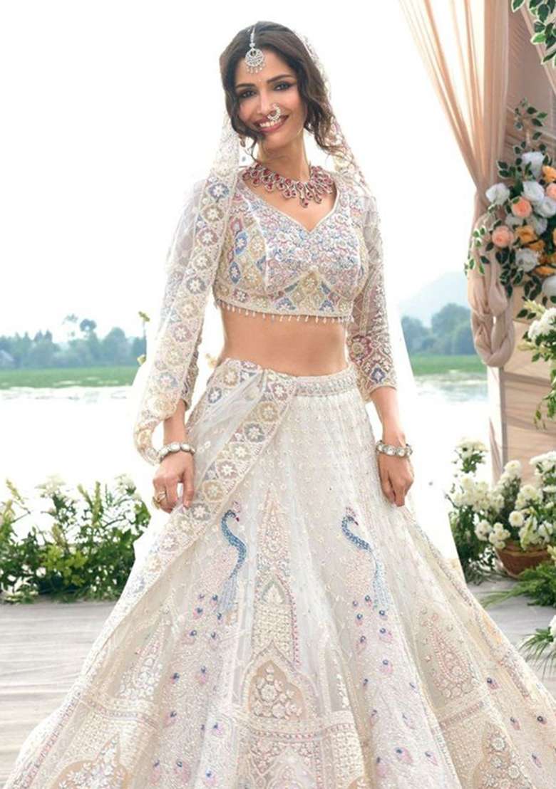 White Embroidery Net Lehenga Set - Indya