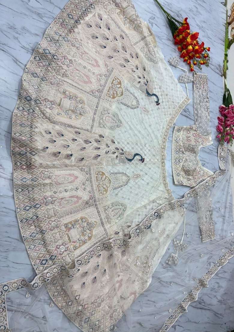 White Embroidery Net Lehenga Set - Indya