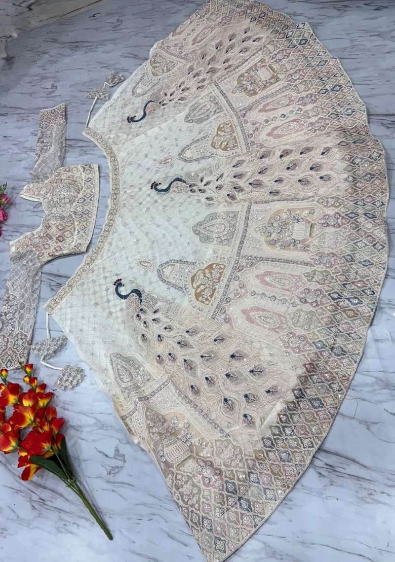 White Embroidery Net Lehenga Set - Indya
