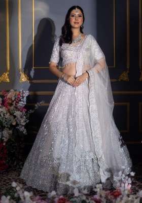 Grey Embroidery Georgette Lehenga Set