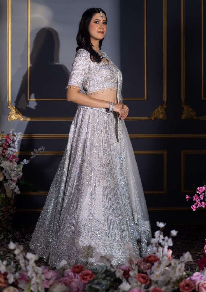 Grey Embroidery Georgette Lehenga Set - Indya
